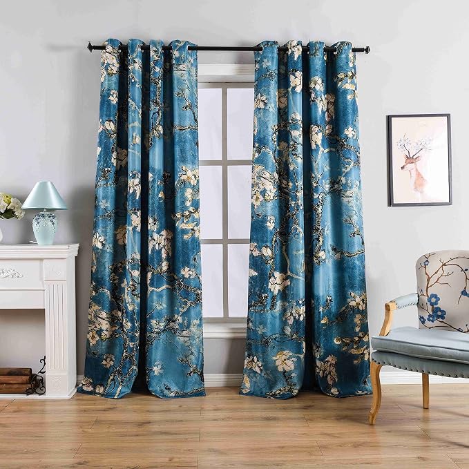 Taisier Home Chinese Style Plum Blossom Curtain Blue Artistic Print Curtains 72 Inches Long for Living Room,Personalized Pattern Curtains Bedroom Window Treatment Curtains 2 Panels Set