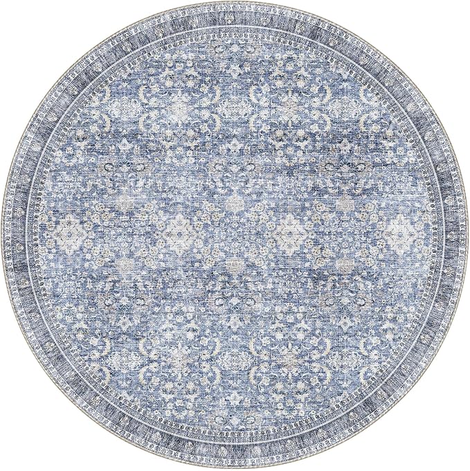 Sasttie Round Rugs 8ft, Ultra-Soft Washable Circle Rug, Low Pile Foldable Thin Carpets with Non-Slip Backing, Skin-Friendly Stain Resistant Carpet for Living Room, Bedroom, Kitchen, Dorm, 8ft, Blue