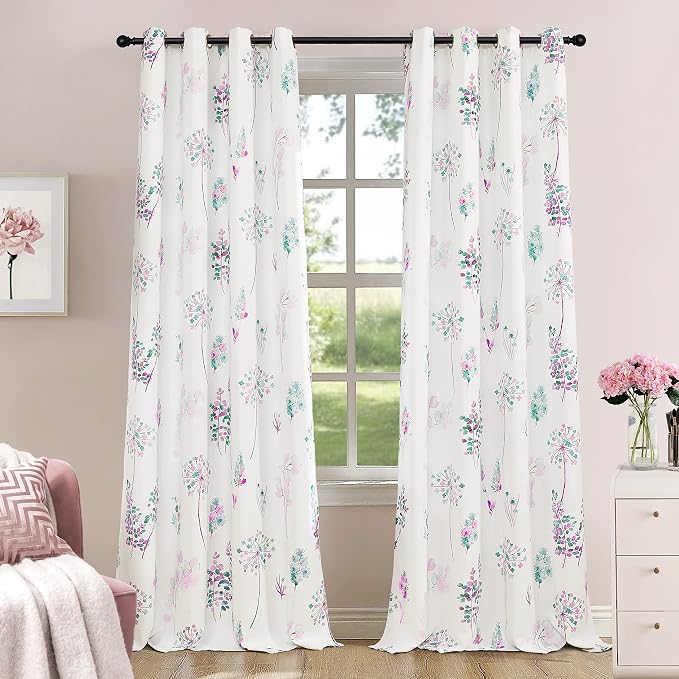 XTMYI Purple Curtains for Living Room 2 Panels Grommet Room Darkening 80% Blackout Pastel Pale Colored Floral Print Woman Feminine Curtains for Office,Purple and Gray,52 by 84 Inches Long