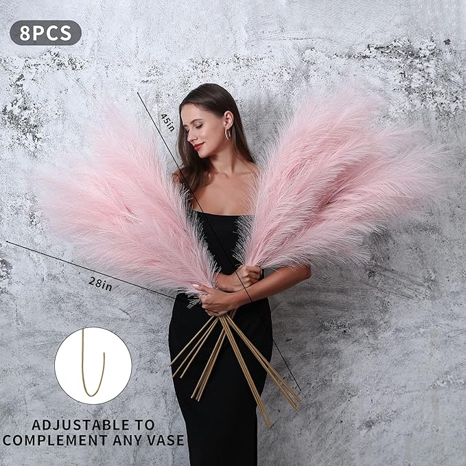 8 Pcs 45 inch Tall Faux Pampas Grass Decor, Large Artificial Pink Pompous Grass Bulk, Long Fake Pompas for Floor Vase Filler, Wedding, Baby Shower, Home and Boho Decor (Pink)