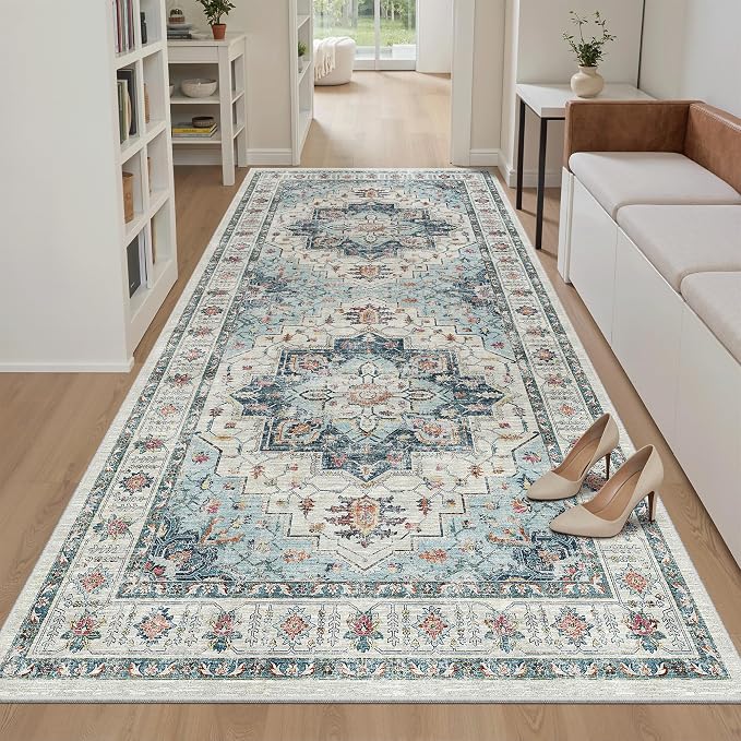 Madane 4x8 Wide Hallway Runner Rug Washable for Living Room, Blue | Soft Stain Resistant Ktichen Runners 8ft, Vintage Non Slip Low Pile Area Rugs, Thin Floor Carpet for Bathroom Dining Bedroom