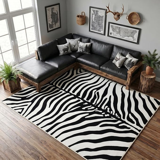 Soft Zebra Rug 5x7 Ft, Black and White Rugs for Living Room Bedroom, Non-Slip TPR Backing for Hardwood Floors, Machine Washable & Easy to Clean, Pet Friendly Carpet for Kids