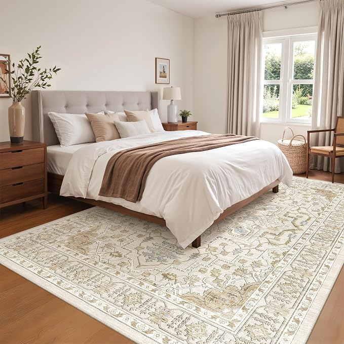 befbee 5x7 Area Rug for Living Rooms, Stain Resistant Neutral Washable Rugs for Dining Rooms, Floral Vintage Non-Slip Thin Large Size Area Rugs(Beige)