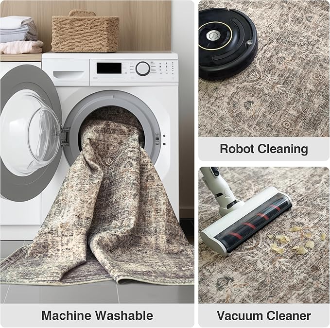Fmfunctex 2x5 Washable Runner Rug Taupe Vintage Neutral Distressed Non Slip Low Pile Indoor Carpet Soft Retro Floral Hallway Entryway Rug for Kitchen Living Room Bedroom Bathroom Laundry Entry Bedside