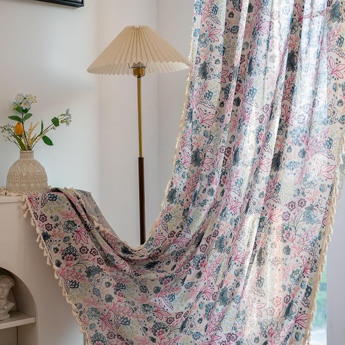 OYX Boho Crochet Curtains 63 Inch Length 2 Panels for Living Room, Bedroom Light Filtering Drapes, Farmhouse Vintage Country French Rustic Tassels Pattern Rod Pocket Aesthetic Decor Window Treatments