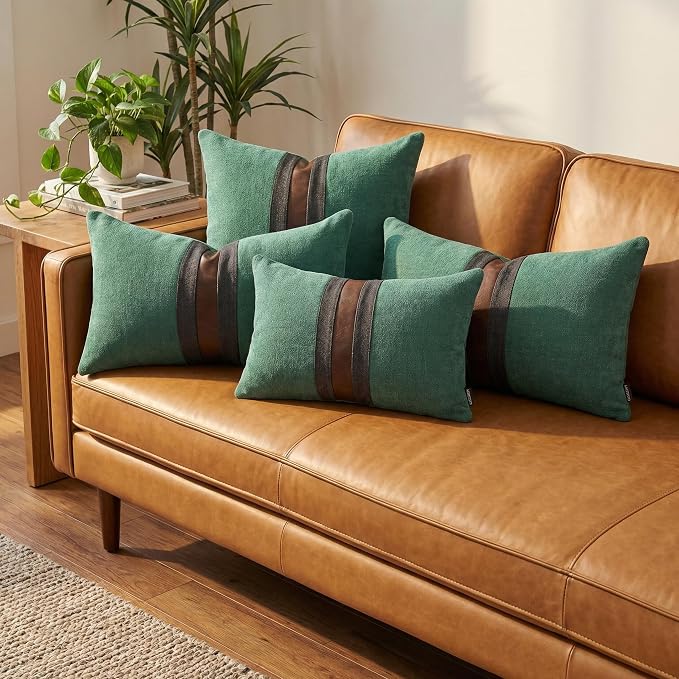 Set of 2 Leather Throw Pillow Covers Lumbar Cotton Linen Decor Patchwork Pillow Cover Faux Leather Pillows Cover for Couch Sofa Living Room Bedroom,Grass Green 12"x20"