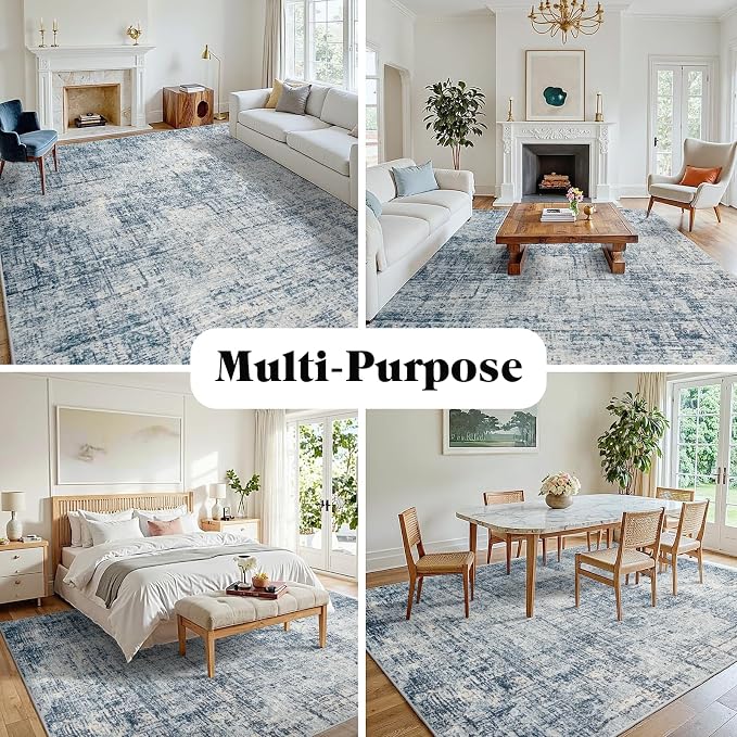 10x14 Area Rugs for Living Room Washable Rug: Anti-Skid Abstract Modern Living Room Rug Soft Thin Carpets Indoor Floor Non-Shedding Carpet for Bedroom Dining Farmhouse Nursery Home Office Blue Gold