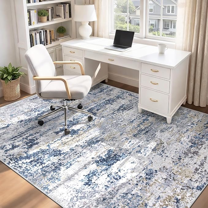 5x7 Area Rugs for Living Room: Washable Abstract Neutral Rug Modern Soft Non Slip Low Pile Rugs Floor Indoor Stain Resistant Carpet for Bedroom Dining Room Nursery Home Office (Blue, 5'x7')