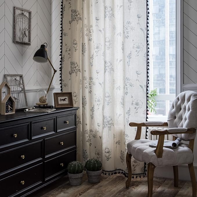 Sutuo Home Boho Curtain with Handmade Tassels, Rod Pocket Window Treatment Vintage Rustic Bohemian French Farmhouse Semi-Blackout Print Drape for Bedroom, 1 Panel 59" W x 84" L,Grey Floral
