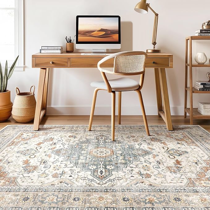12x15 Area Rug Living Room: Washable Boho Large Neutral Vintage Soft Rugs Stain Resistant Distressed Farmhouse Non-Slip Indoor Floor Carpet for Bedroom Nursery Kids Office Dining Room- Beige Blue