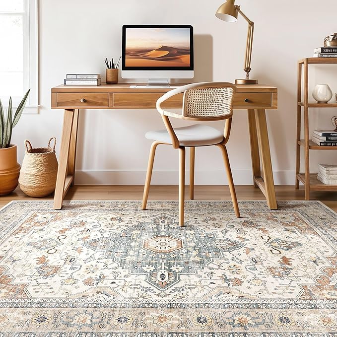 7x10 Area Rug Living Room: Washable Boho Large Neutral Vintage Soft Rug Stain Resistant Distressed Farmhouse Non-Slip Indoor Floor Carpet for Bedroom Nursery Kids Office Dining Room- Beige Blue