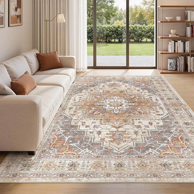befbee 6x9 Area Rugs for Living Room,Super Soft Ultra-Thin Stain Resistant Machine Washable Rugs for Bedroom,Non-Slip Backing Large Area Rug (Turmeric/Grey, 6'x9')