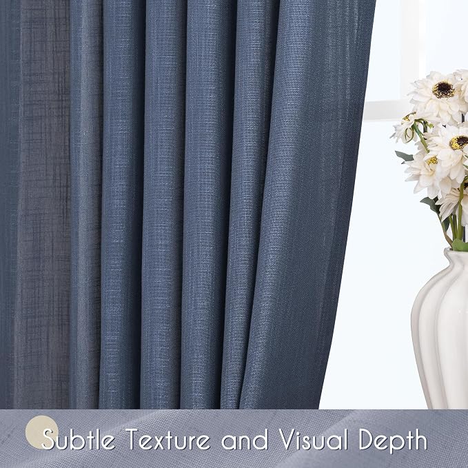 Navy Blue Curtains 90 inch Length for Bedroom Back Tab Light Filtering Semi Sheer Blue Living Room Curtains Linen Cotton Textured Indigo Blue Drapery Panel Modern Aesthetic Decor 42" Wx90 L