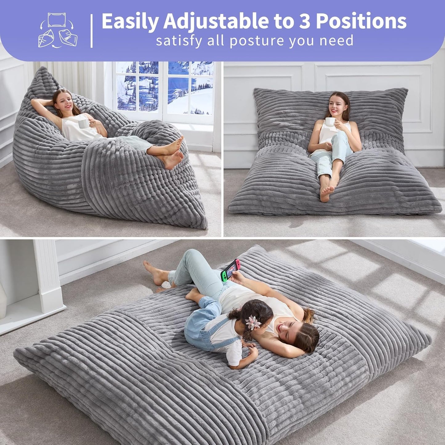 Hobestluk 3 in 1 Bean Bag Chair Giant Bean Bag Chairs Convertible Bean Bag Floor Cushion with Machine Washable Cover, Beanbag Chairs for Adult (Grey)