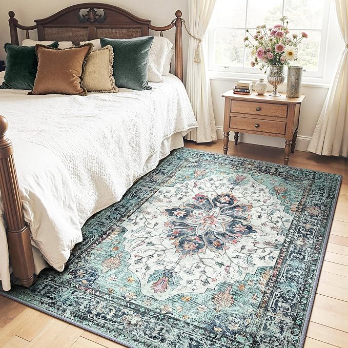 RELEANY Area Rugs 4'x6' Washable Non-Slip, Floral Vintage Distress Medallion Carpet for Living Room Bedroom Dining Room, Green Navy Blue White Red Teal