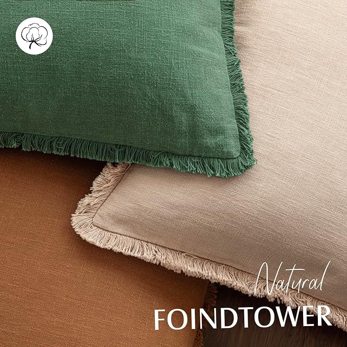 Foindtower Set of 2 Decorative Linen Fringe Lumbar Throw Pillow Covers Boho Farmhouse Cushion Cover with Tassels Soft Accent Pillowcase for Couch Sofa Bed Living Room Home Decor,12×20 Inch,Pine Green