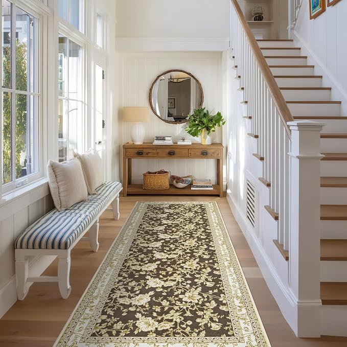 Brown Boho Washable 3x8 Extra Long Hallway Runner Rug, Extra Large Kitchen Floor Rug Indoor Entryway, Non-Slip Low Pile Machine Washable, Vintage Farmhouse Cream Beige Taupe Pattern Floral Design