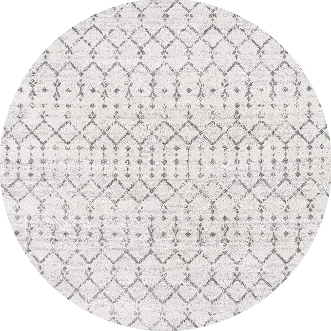 JONATHAN Y Boho Vintage Diamond Cream/Gray Round Area Rug 8 ft, Moroccan Hype for Living Room, Bedroom, Kitchen, Office, Easy-Cleaning, High Traffic, Pet-Friendly, Non-Shedding (MOH101B-8R)