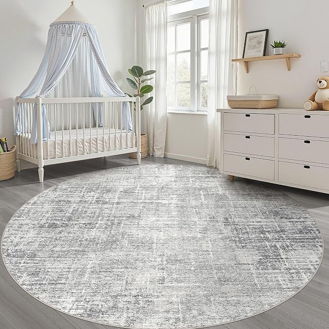 10ft Round Rug Living Room: 10x10 Washable Large Neutral Grey Circle Area Rug Abstract Soft Modern Stain Resistant Indoor Floor Non-Slip Carpet for Bedroom Nursery Kids Office Playroom Dining Room