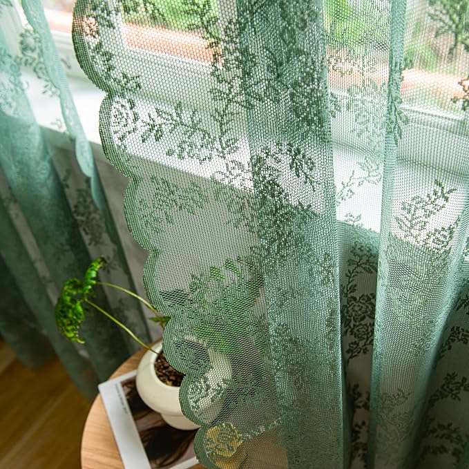 Sutuo Home Olive Green Lace Curtains for Bedroom Living Room 96 Inches Long 2 Set, Sheer Panels Privacy Light Filter Vintage Floral Embroidery Window Treatment Pair Decor, Rod Pocket, W57 x L96