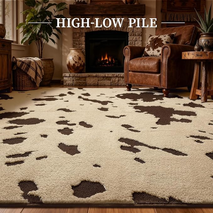 YIHOUSE Cowhide Large Area Rugs 8×10 Ft, Washable Plush Soft Brown and Cream Cow Rug, Non-Slip High-Low Pile Animal Carpet for Living Room, Bedroom, Dining Room, Western Home Decor