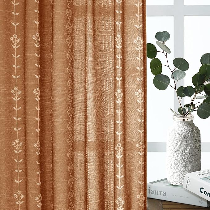 Burnt Orange Bohemian Sheer Curtains, Hippie Boho Printed Drapes for Living Room Bedroom 96 Inch Long 2 Panel Set
