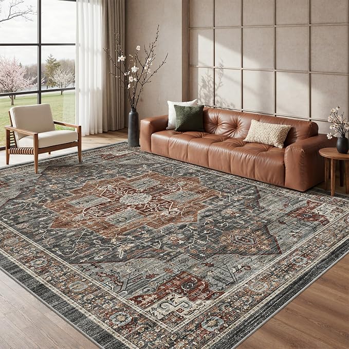 Roxstand Area Rugs 9x12 Living Room, Vintage Soft 9x12 Rug with Non-Slip Backing, Low Pile Stain Resistant Large Washable Area Rug for Dining Room, Bedroom, Office (Grey/Brown/Tan, 9'x12')