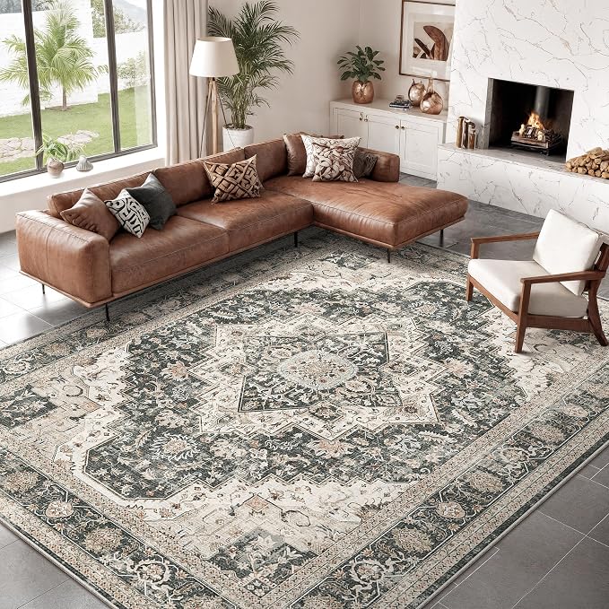 Roxstand 9x12 Washable Area Rug, Large Non Slip Rug, Black/Beige | Non-slip Backing, Low-Pile Carpet, Stain Resistant, Rugs for Living Room, Bedroom, Dining Room, Office