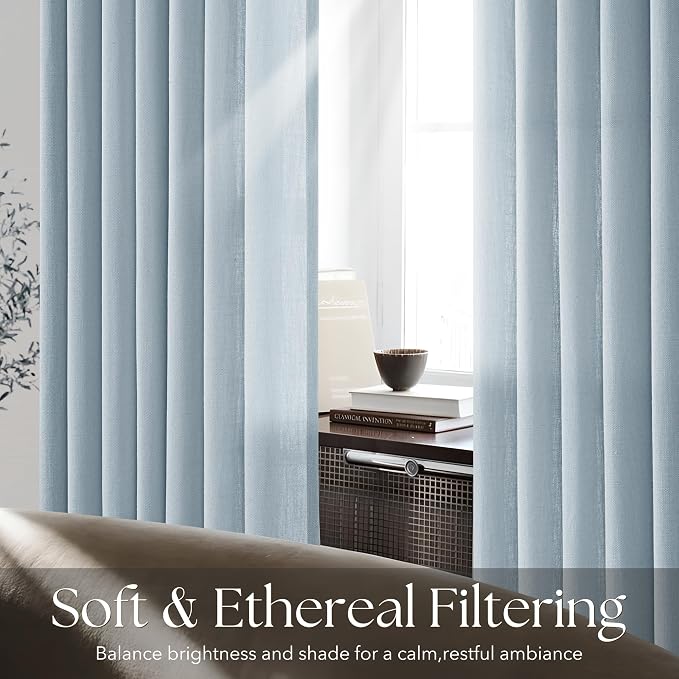 Greyish Blue Pinch Pleated Linen Curtains 45 Inch Length 2 Panels for Living Room Bedroom Textured Semi Sheer Drapes Pinch Pleat Rings Window Curtain 40x45