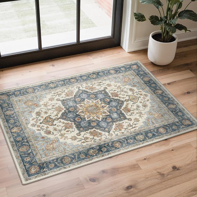 GENIMO Area Rug 2x3 Doormat, Machine Washable Low Pile Rugs, Small Retro Entryway Mat for Entrance, Hallway, Kitchen and Corridor, Vintage Blue Medallion
