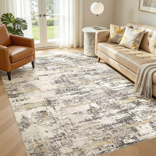 Area Rugs for Living Room: 6x8 Abstract Washable Rug Modern Neutral Large Soft Stain Resistant Non-Slip Backing Machine Table for Bedroom Dining Room Indoor Home Office Carpet - Gold Brown