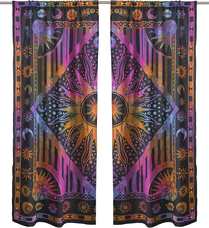 Popular Handicrafts Indian Burning Sun Hippie Mandala Window Curtains - Gypsy Tye Dye Bohemian Sun Moon Beautiful Drapery Bedroom Living Room Balcony Valance Panels Purple