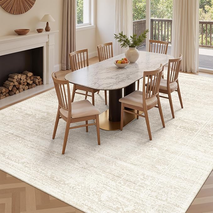 Soalmost 9x12 Area Rugs for Living Room, Washable Soft Rug Beige/Cream | Non-Slip Low Pile Natural Vintage Floral Rug Throw Carpet for Dining Room Bedroom Home Office Nursery 9'x12'