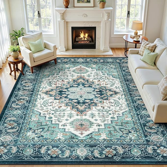 Lofus 9x12 Washable Rugs Non-Slip, Vintage Floral Area Rug for Living Room Bedroom Dining Room Kitchen, Low Pile Distress Print Medallion Carpet Home Decor Rug, Floral Green Beige
