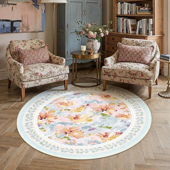 6x6 Washable Area Rug Blue Living Room Bedroom Floral Throw Rug Abstract Modern Non Slip Soft Low Pile Carpet for Dining Room Office Nursery Indoor