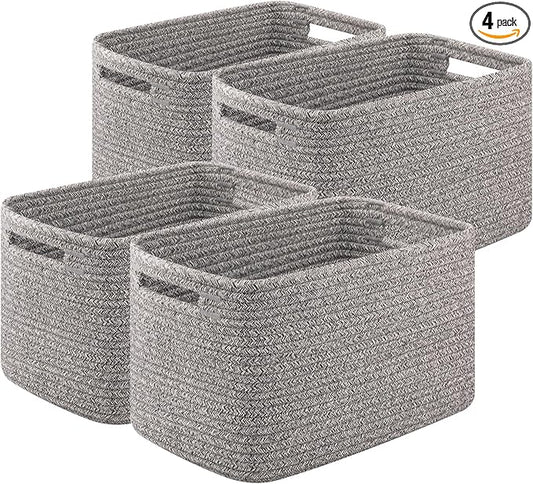 OIASKET Storage Baskets for Organizing, Woven Decorative Baskets for Shelves - Books, Towels, and Clothes, Cotton Rope Toy Storage Bins, 12.7''Lx9''Wx7.8''H, Pack of 4, Grey