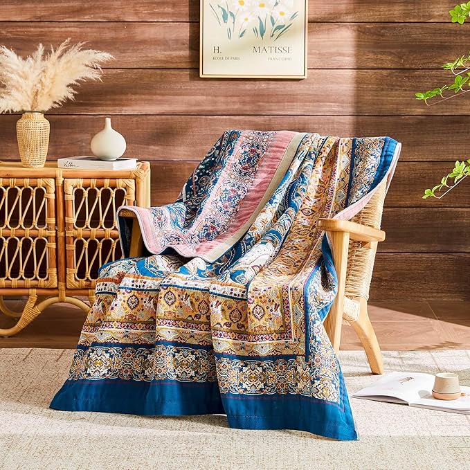 Boho Throw Blanket 100% Cotton Muslin Woven Blanket Bohemian Bed Throws Vintage Rustic Farmhouse Decor Reversible Bed Blanket Quilt for All Seasons（Blue 90"x98"）