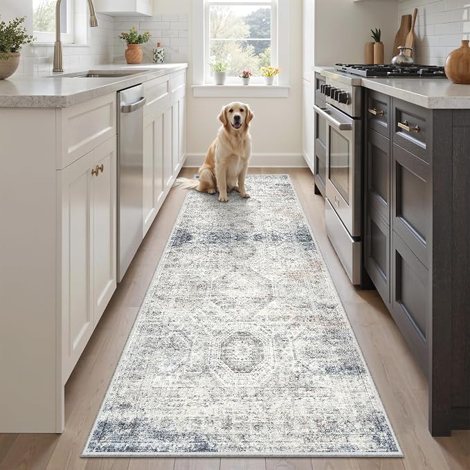 Soalmost Runner Rug 2x5 Washable Non-Slip Kitchen Runner Rugs for Bathroom Laundry Room Blue Ivory Vintage Floor Carpet Runners for Hallway Entryway