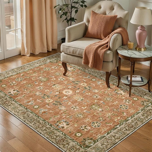Tangsoo Washable Area Rugs 3x4 Non Slip, Boho Vintage Terracotta Floral Throw Rug for Bedroom Entryway, Soft Low Pile Floor Carpet Indoor Mat for Entrance Bedside Kitchen Nursery Office Farmhouse