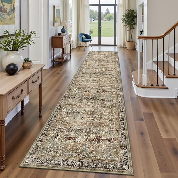 2x10 Hallway Runner Rug, Washable Vintage Retro Long Runner Rugs for Kitchen Laundry, Soft Ultra Thin Non Slip Low Pile Traditional Distressed Boho Carpet for Bedroom Bathroom, Charcoal Olive