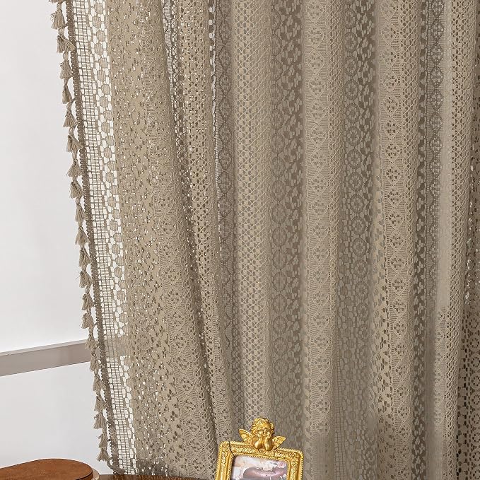 WAZZIO Boho Lace Curtains 45 Inches 2 Panel,Light Filtering Privacy Tassel & Geometry Crochet Semi Sheer Curtain Drapes for Bedroom Living Dining Room,Rod Pocket & Tassel,Earthy Color Taupe