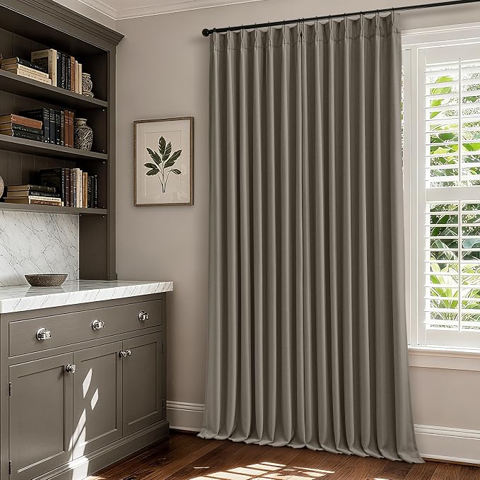Taupe Grey Pleated Linen Blackout Curtains 80 Inches Long for Bedroom Living Room Pinch Pleat Black Out Thermal Insulated Ring Hooks Room Darkening Drapes Brownish Gray 80 Inch Curtains with Liner