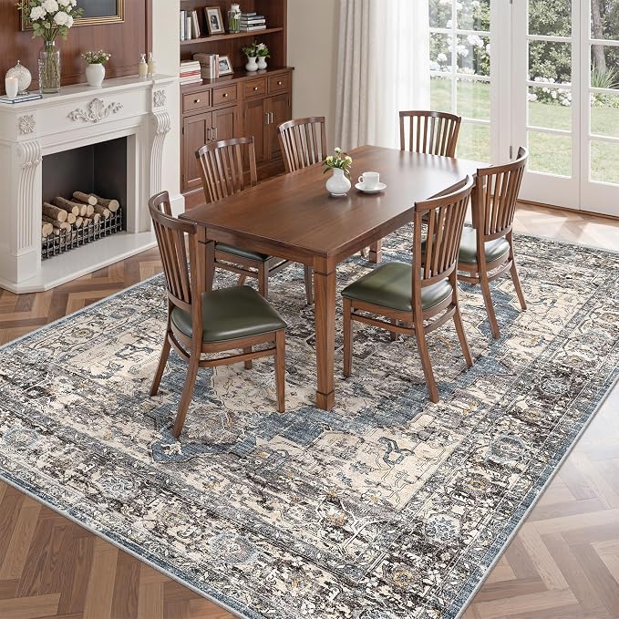 befbee 5x7 Area Rugs for Living Room, Stain Resistant Neutral Washable Rugs for Dining Room, Floral Vintage Non-Slip Thin Large Size Area Rug (Blue/Black)