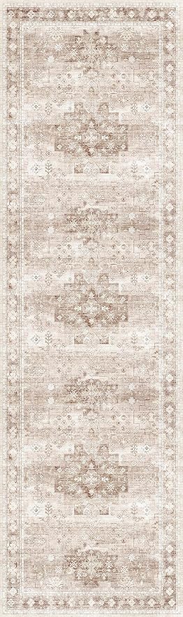 Hazo Haus Boho Washable 3x10 Hallway Runner Rug, Beige Waterproof Large Kitchen Floor Rug Indoor, Non-Slip Stain & Fade Resistant, Vintage Floral Décor (3x10 Beige/Latte)