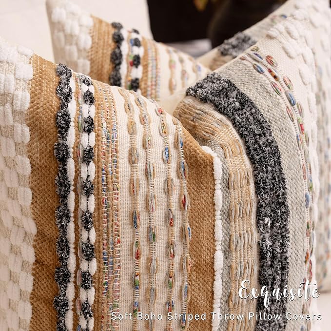 Boho Chenille Tufted Throw Pillow Covers 18x18 Inch Set of 2 Farmhouse Brown Woven Striped Decorative Pillowcases for Couch Sofa Bed