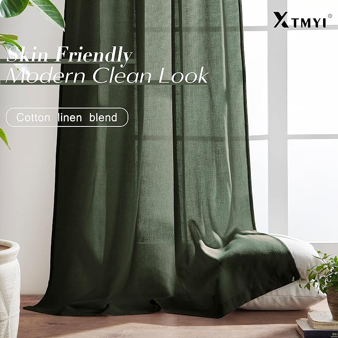 XTMYI Olive Green Linen Curtains, Light Filtering Sheer Window Treatments, Boho Floor to Ceiling Curtains for Bedroom Aesthetic Living Room, 84 Inches Long, 2 Panels Set