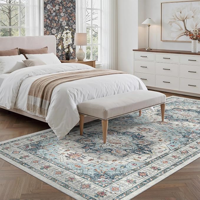 Madane 4x8 Wide Hallway Runner Rug Washable for Living Room, Blue | Soft Stain Resistant Ktichen Runners 8ft, Vintage Non Slip Low Pile Area Rugs, Thin Floor Carpet for Bathroom Dining Bedroom