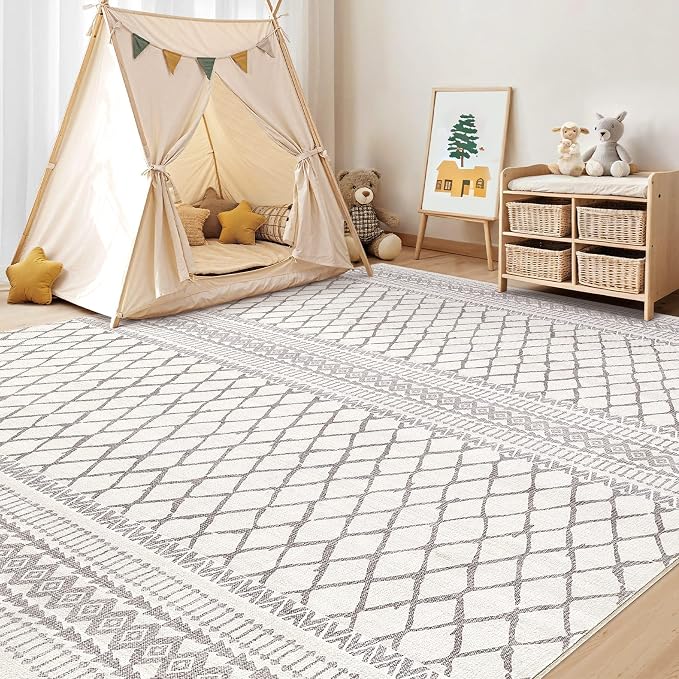 cotiled 9x12 Area Rugs Living Room Rug: Washable Boho Rugs with Non Slip Backing Large Soft Indoor Stain Resistant Carpet for Bedroom Farmhouse Dining Room Lightweight Home Decor Beige/Gray