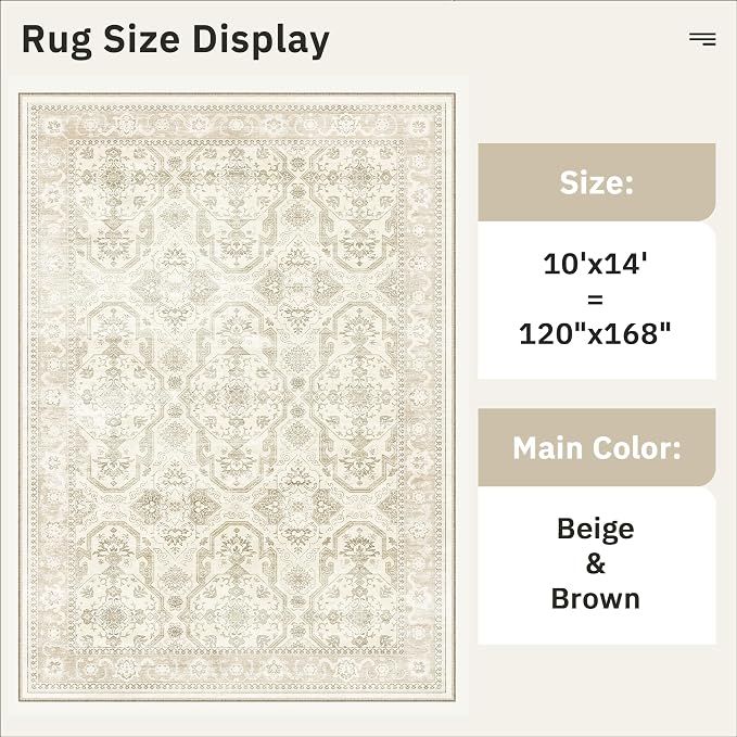 Soalmost 10x14 Area Rugs for Living Room, Non Slip Machine Washable Vintage Rugs, Low Pile Lightweight Large Rug for Bedroom, Dining Room, Home Office Beige/Brown