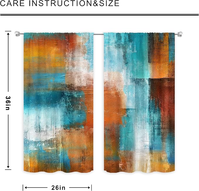 MESHELLY Orange Teal Grey Blackout Curtains 26Wx36H Inch Rod Pocket Retro Minimalist Square Geometric Oil Paint Checkered Bedroom Window Drapes Colorful Aesthetic Printed Living Room Window Treatment